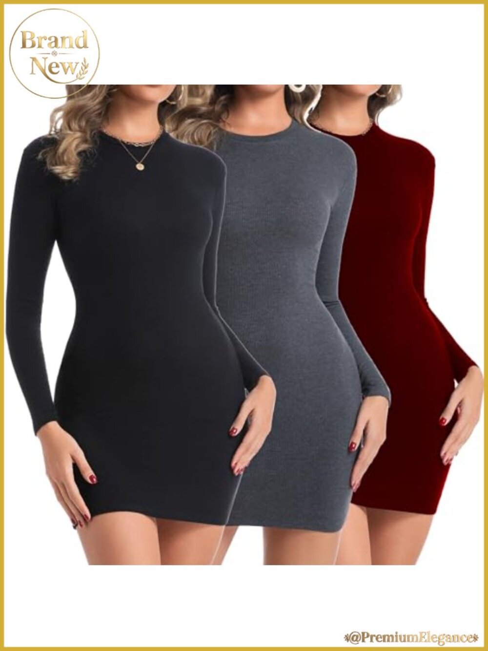 Womens Long Sleeve Bodycon Mini Dress 3 Pack Slim Fit Party Club